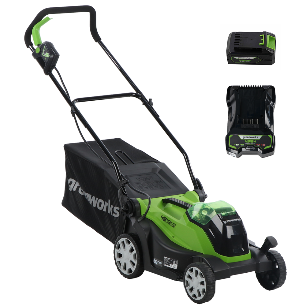 Greenworks G48LM36K2 Akku-Rasenmäher – 36 cm Schnittbreite – zum Schieben – mit Fangkorb – Ansicht 1