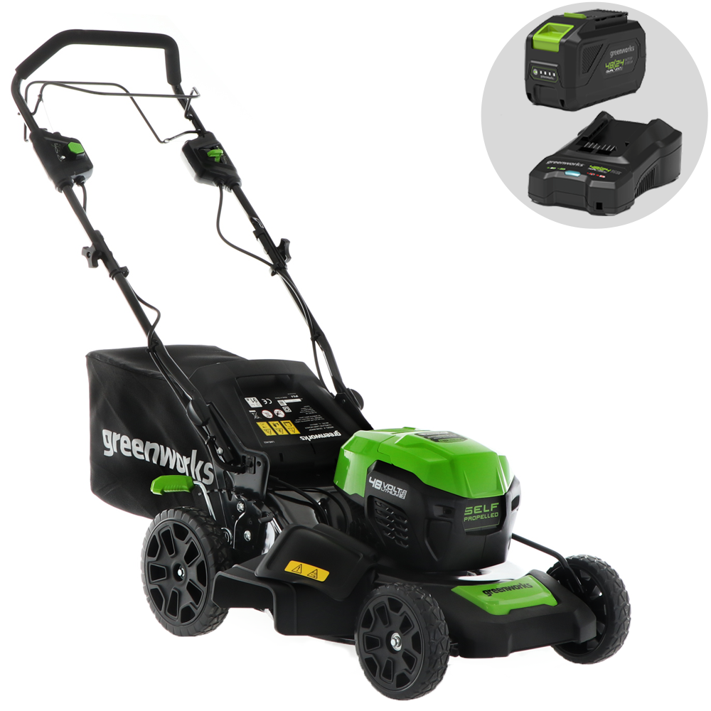 Greenworks GD48LM46SP Akku-Rasenmäher – 46 cm Schnittbreite – Heckantrieb – mit Fangkorb – Ansicht 1