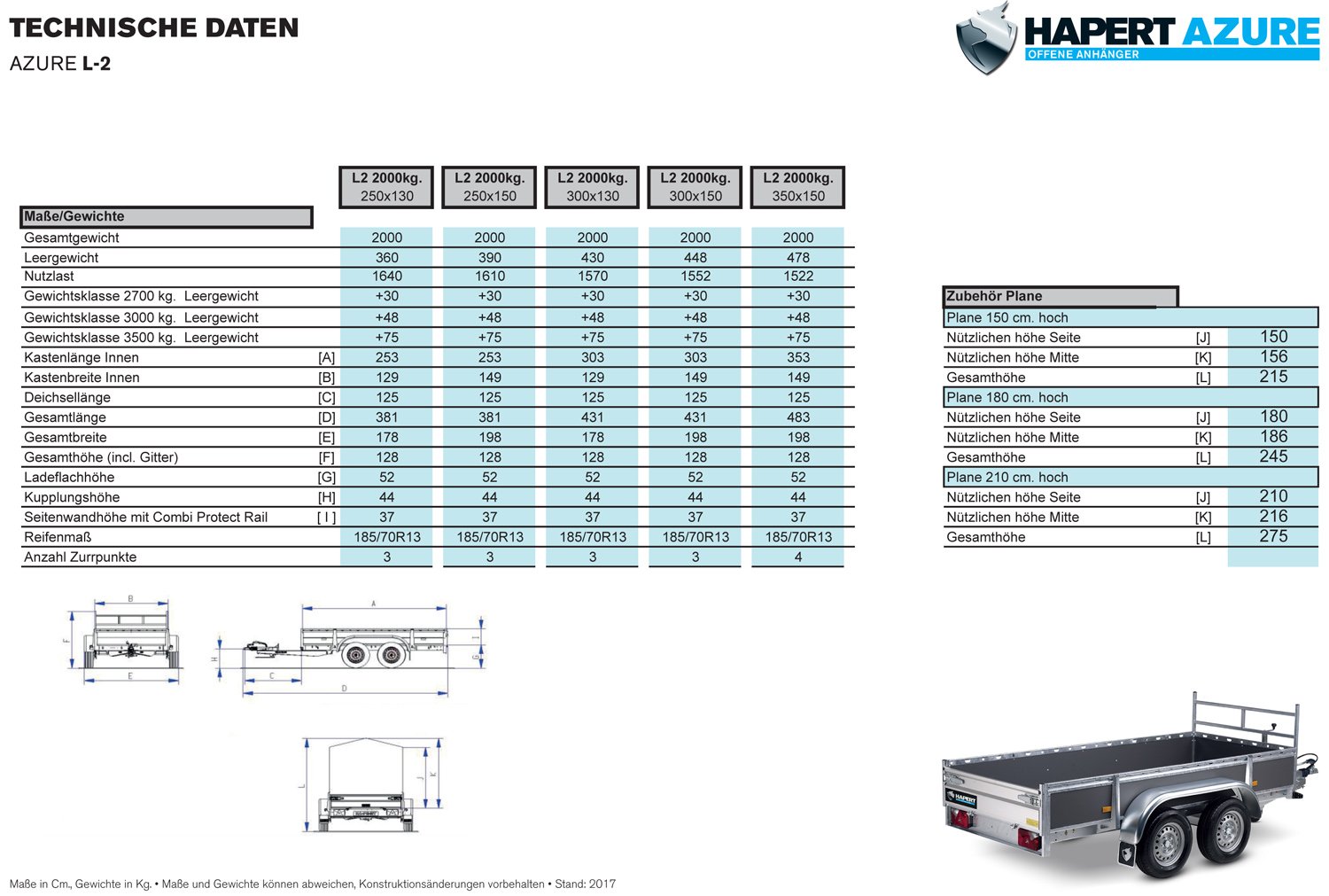 Hapert Kastenanhänger Azure L-2 - 2700 – Aluminium – Ladefläche 350 × 150 cm – 2700 kg – Tandemachser – Ansicht 3