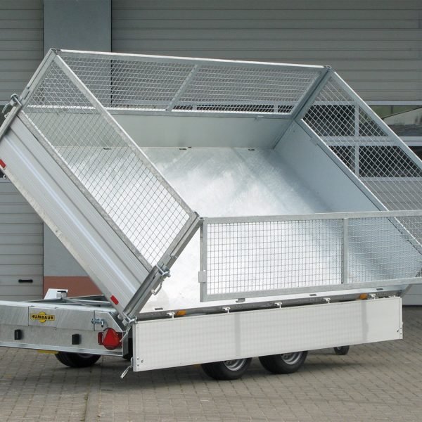 Humbaur 3-Seiten-Kipper HTK 3500.31 ALU Profi Plus – Gitteraufsatz, Rampen, Stützen, E-Pumpe – Ladefläche 314 × 175 cm – 3500 kg – Tandemachser – Ansicht 1