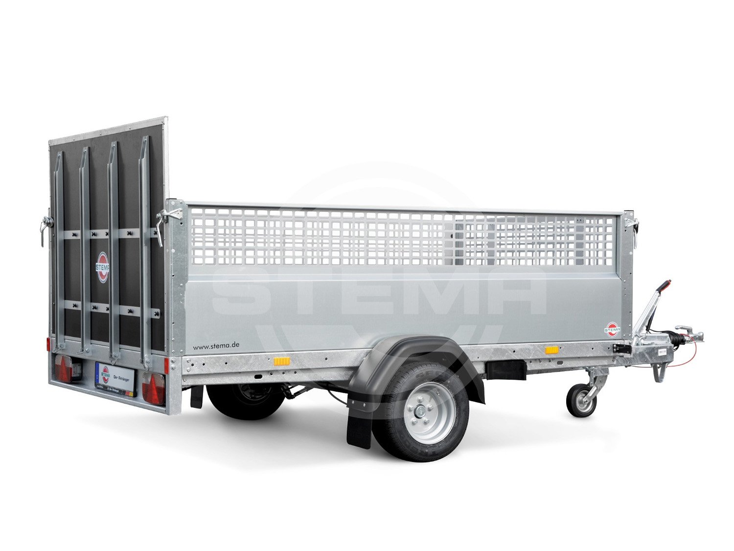 STEMA Kastenanhänger MU.T O2 15-25-15.1 – Gitterbeplankung halboffen – Ladefläche 251 × 153 cm – 1500 kg – Einachser – Ansicht 1