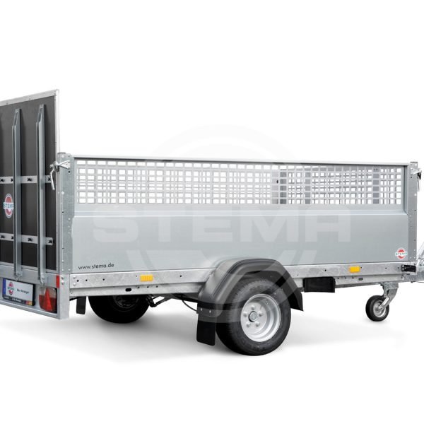 STEMA Kastenanhänger MUT O2 13-25-13.1 – Gitterbeplankung halboffen, Teleskopkurbelstütze – Ladefläche 251 × 128 cm – 1300 kg – Einachser – Ansicht 1