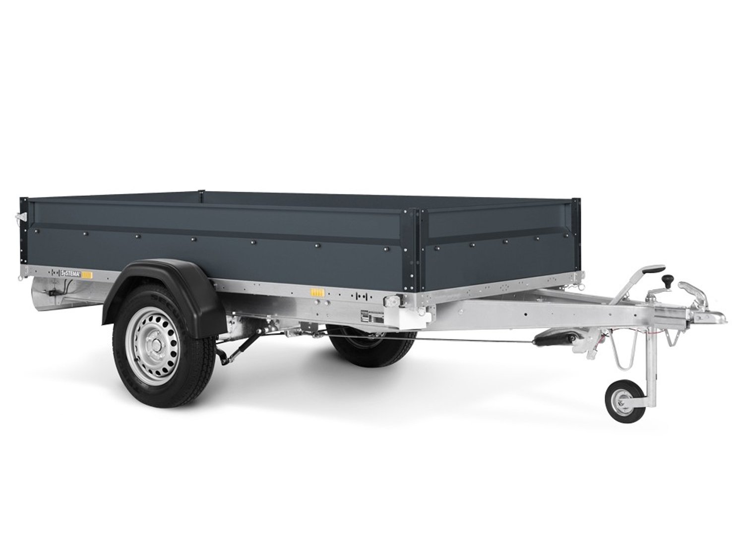 STEMA Kastenanhänger STL 1300 O2 13-25-13.1 COC – Stahlblech 35cm, Plane anthrazitgrau – Ladefläche 251 × 128 cm – 1300 kg – Einachser – Ansicht 1