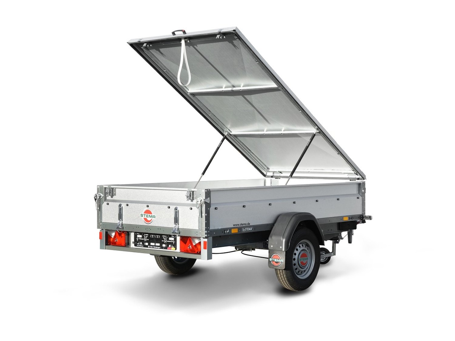 STEMA Kastenanhänger STL 1300 O2 13-25-13.1 – Metalldeckel – Ladefläche 251 × 128 cm – 1300 kg – Einachser – Ansicht 1
