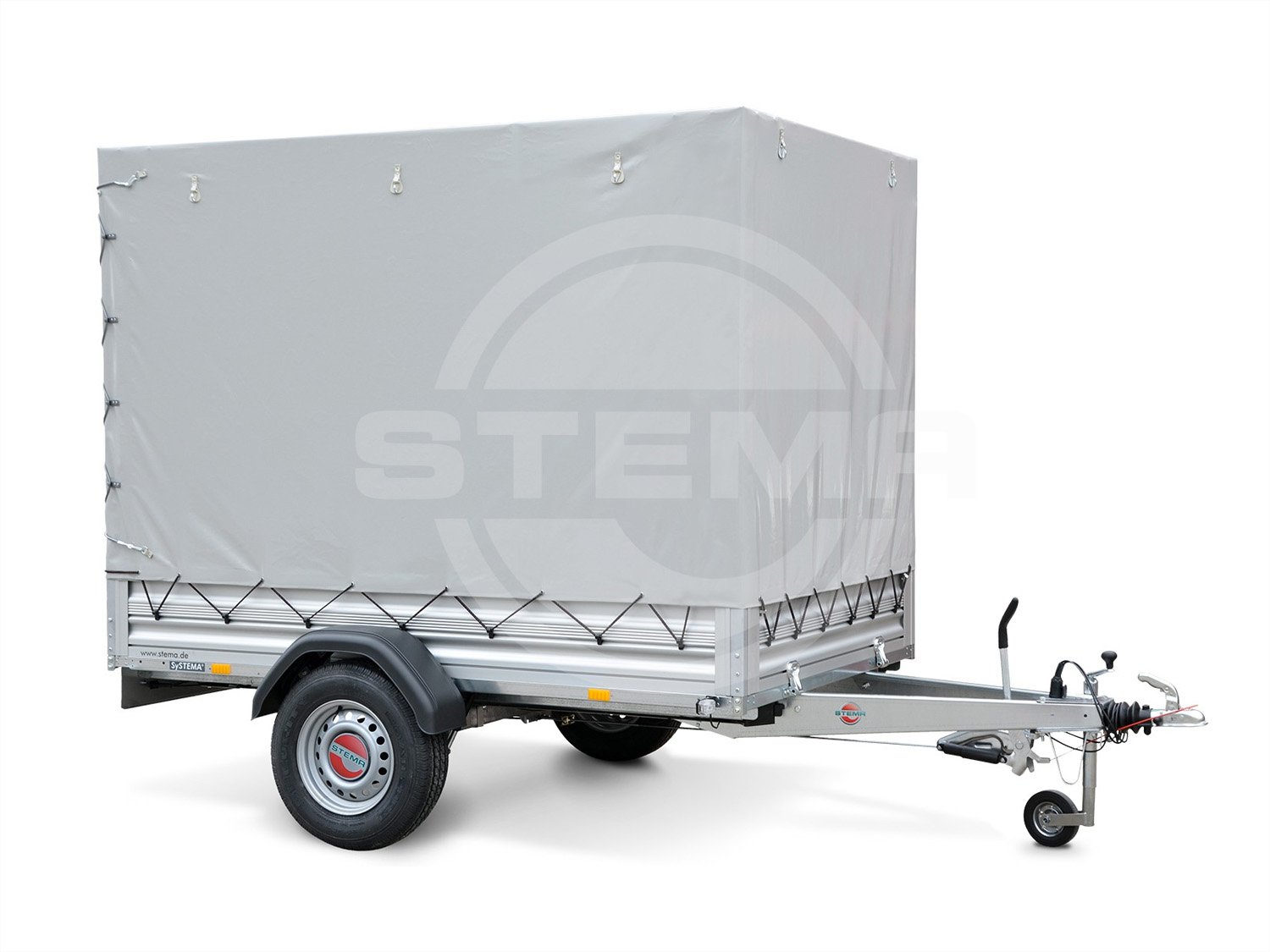 STEMA Kastenanhänger STL 1500 O2 15-25-15.1 ALU – inkl. Bordwände, Plane und Spriegel beigelegt – Ladefläche 251 × 153 cm – 1500 kg – Einachser – Ansicht 1