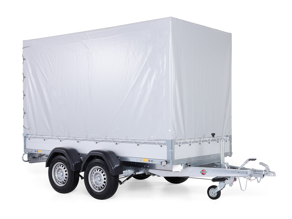 STEMA Kastenanhänger STL 2000 O2 20-30-15.2 COC – Planenaufbau LH 185 cm beigelegt – Ladefläche 301 × 153 cm – 2000 kg – Tandemachser – Ansicht 1