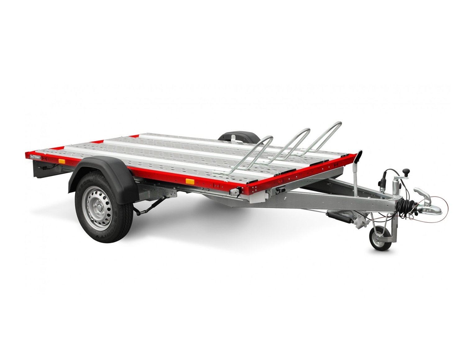STEMA Motorradtransporter STM O2 8.5-21-15.1 – rot gepulvert – Ladefläche 210 × 153 cm – 850 kg – Einachser – Ansicht 1