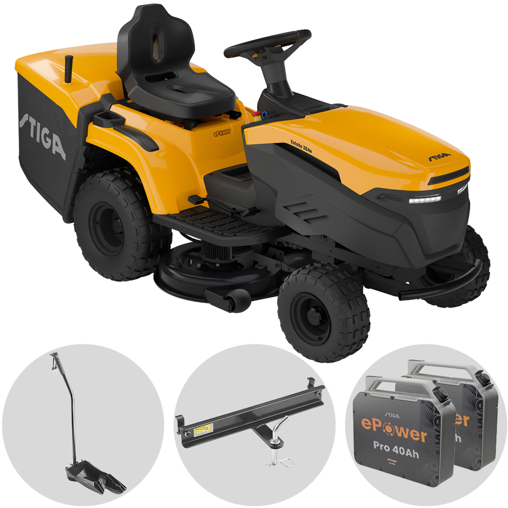 Stiga Estate 384e Akku-Rasentraktor – 84 cm Schnittbreite – Automatisch – Fangkorb 240 l – Ansicht 1