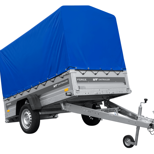 UNITRAILER Force 230 KIPP – PKW-Anhänger 230,9 × 126,1 cm – 750 kg – Einachser – mit geschweißtem Rahmen – 110 cm hohe blaue Plane – Ansicht 1