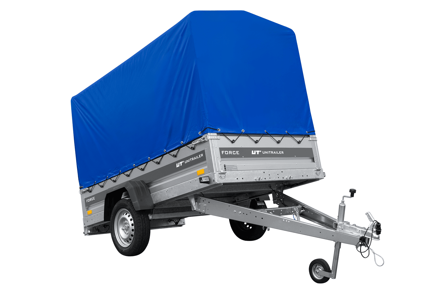 UNITRAILER Force 230 KIPP – PKW-Anhänger 230,9 × 126,1 cm – 750 kg – Einachser – mit geschweißtem Rahmen – 110 cm hohe blaue Plane – Ansicht 1