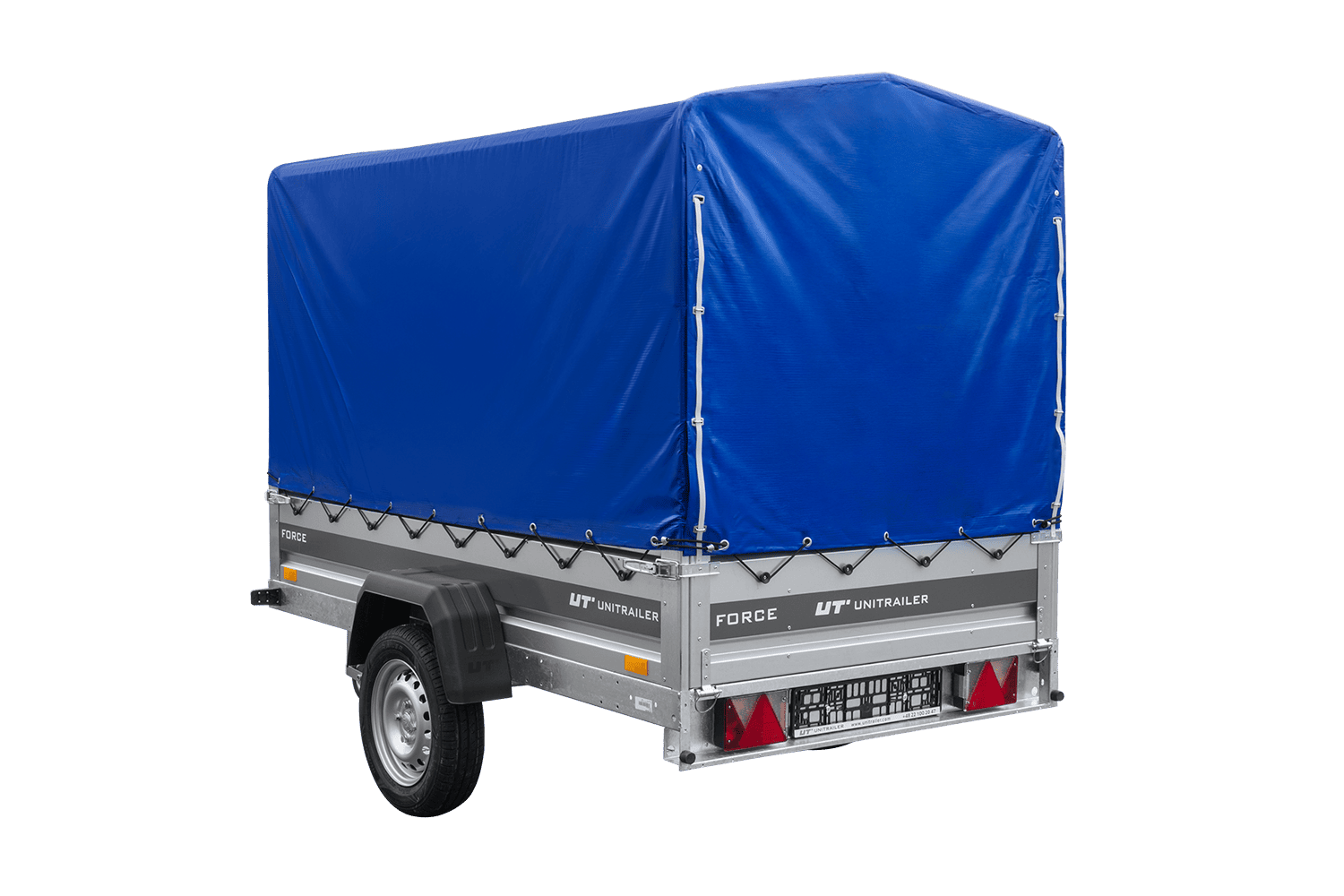 UNITRAILER Force 230 KIPP – PKW-Anhänger 230,9 × 126,1 cm – 750 kg – Einachser – mit geschweißtem Rahmen – 110 cm hohe blaue Plane – Ansicht 3