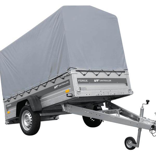 UNITRAILER Force 230 KIPP – PKW-Anhänger 230,9 × 126,1 cm – 750 kg – Einachser – mit geschweißtem Rahmen – 110 cm hohe graue Plane – Ansicht 1