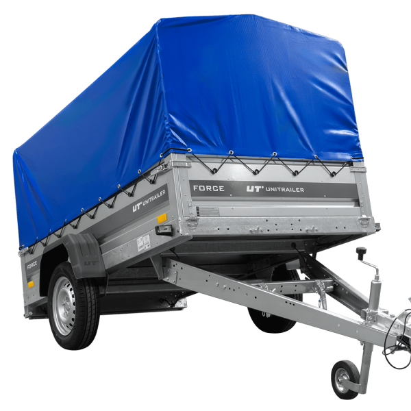 UNITRAILER Force 230 KIPP – PKW-Anhänger 230,9 × 126,1 cm – 750 kg – Einachser – mit geschweißtem Rahmen – 80 cm hohe blaue Plane – Ansicht 1