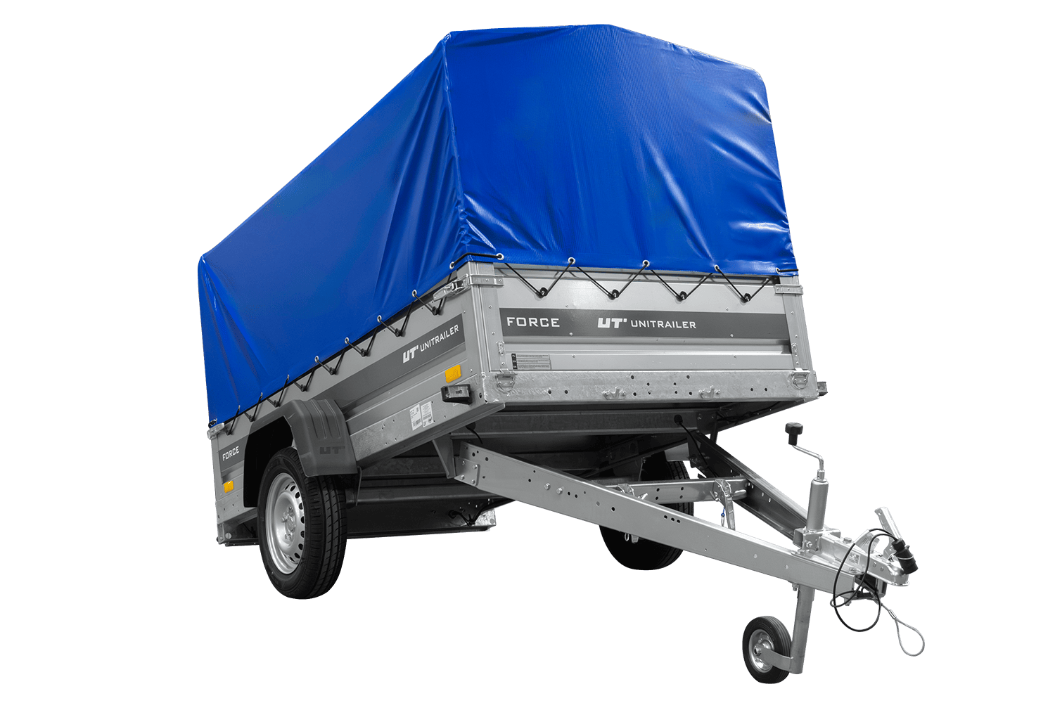 UNITRAILER Force 230 KIPP – PKW-Anhänger 230,9 × 126,1 cm – 750 kg – Einachser – mit geschweißtem Rahmen – 80 cm hohe blaue Plane – Ansicht 1
