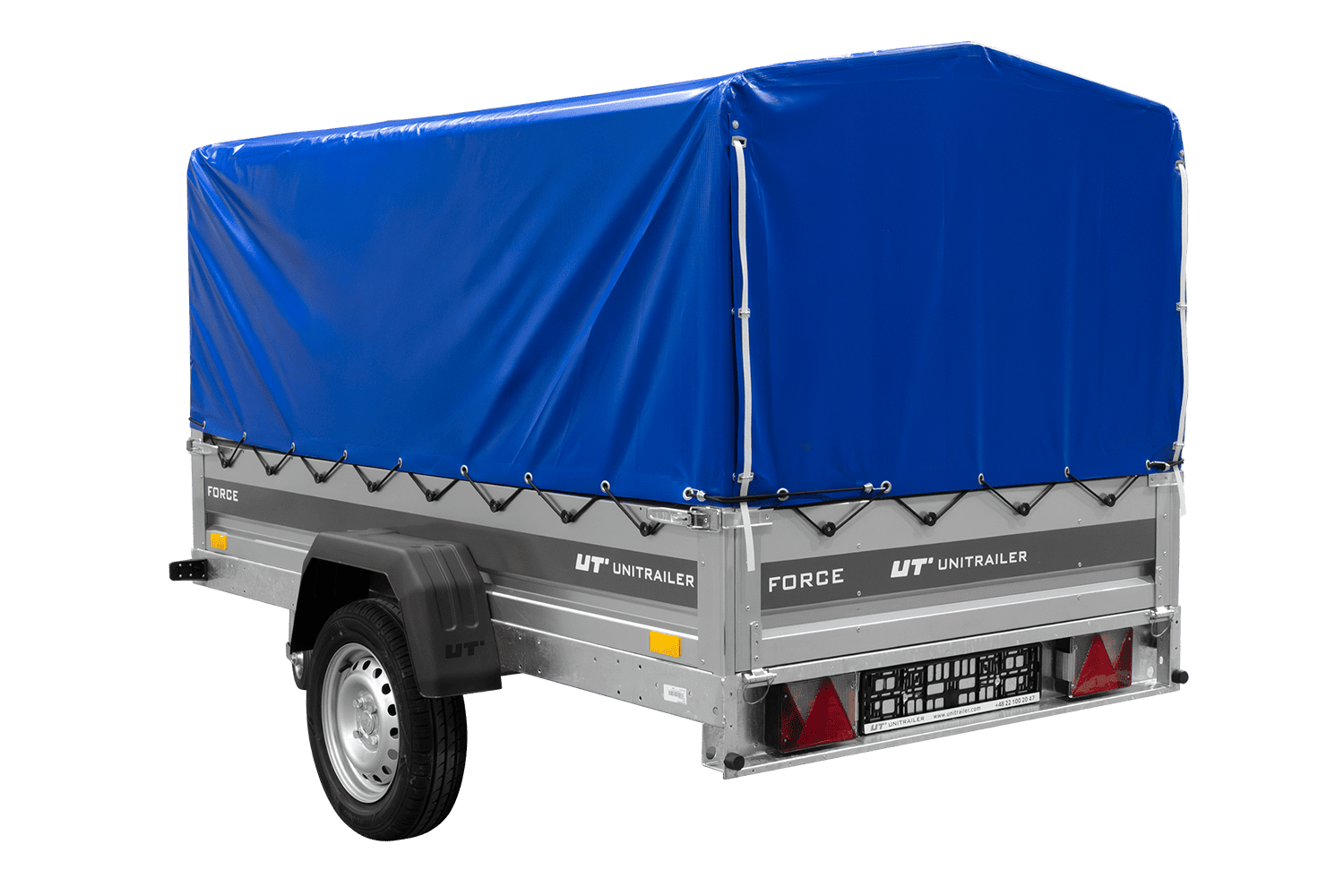 UNITRAILER Force 230 KIPP – PKW-Anhänger 230,9 × 126,1 cm – 750 kg – Einachser – mit geschweißtem Rahmen – 80 cm hohe blaue Plane – Ansicht 3