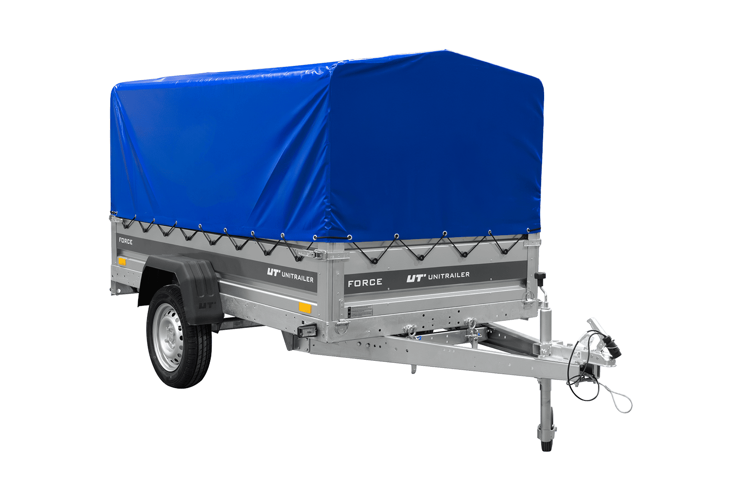 UNITRAILER Force 230 KIPP – PKW-Anhänger 230,9 × 126,1 cm – 750 kg – Einachser – mit geschweißtem Rahmen – 80 cm hohe blaue Plane – Ansicht 4
