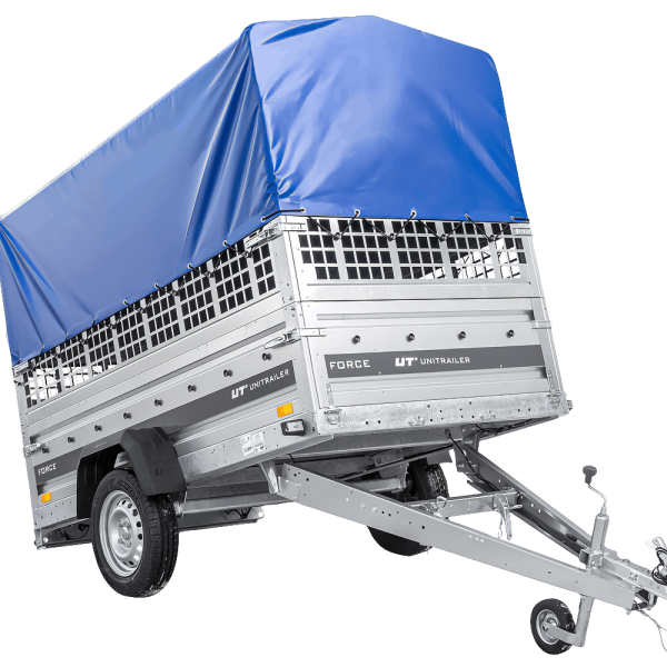 UNITRAILER Force 230 KIPP – PKW-Anhänger 230,9 × 126,1 cm – 750 kg – Einachser – mit geschweißtem Rahmen – 80 cm hohe blaue Plane – Zusatzbordwände: Stahlgitterbordwände – mit Flachplanenträger – Ansicht 1