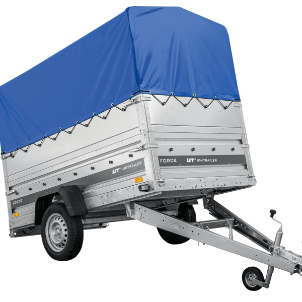UNITRAILER Force 230 KIPP – PKW-Anhänger 230,9 × 126,1 cm – 750 kg – Einachser – mit geschweißtem Rahmen – 80 cm hohe blaue Plane – Zusatzbordwände: zusätzliche Vollwand-Stahlbordwände – Ansicht 1