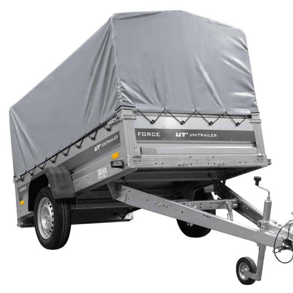 UNITRAILER Force 230 KIPP – PKW-Anhänger 230,9 × 126,1 cm – 750 kg – Einachser – mit geschweißtem Rahmen – 80 cm hohe graue Plane – Ansicht 1