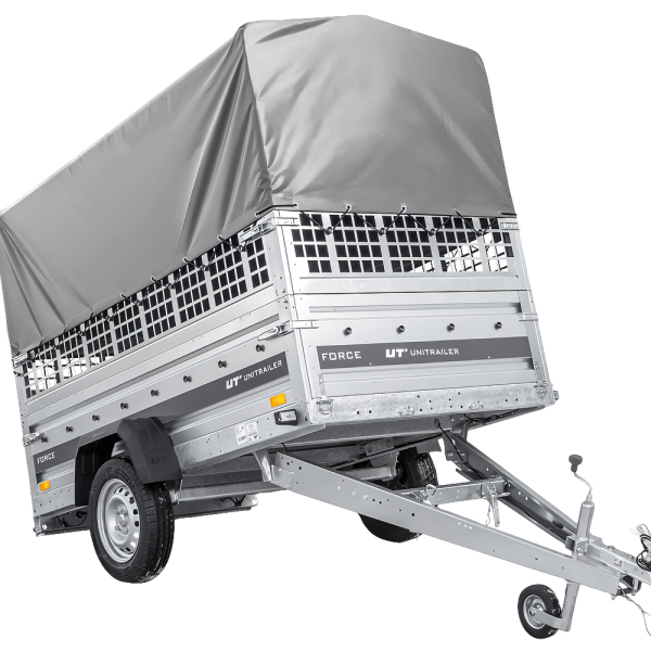 UNITRAILER Force 230 KIPP – PKW-Anhänger 230,9 × 126,1 cm – 750 kg – Einachser – mit geschweißtem Rahmen – 80 cm hohe graue Plane – Zusatzbordwände: Stahlgitterbordwände – Ansicht 1