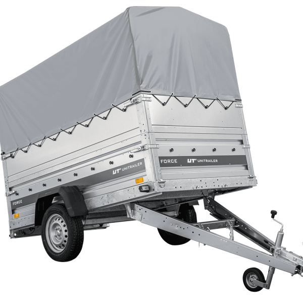 UNITRAILER Force 230 KIPP – PKW-Anhänger 230,9 × 126,1 cm – 750 kg – Einachser – mit geschweißtem Rahmen – 80 cm hohe graue Plane – Zusatzbordwände: zusätzliche Vollwand-Stahlbordwände – Ansicht 1