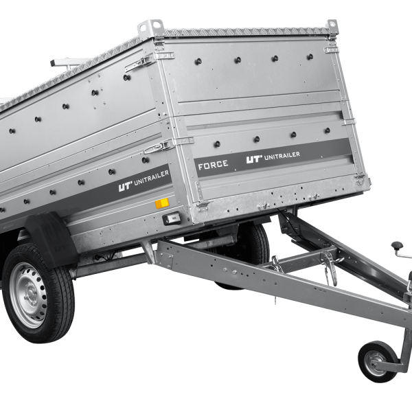 UNITRAILER Force 230 KIPP – PKW-Anhänger 230,9 × 126,1 cm – 750 kg – Einachser – mit geschweißtem Rahmen – Aluminiumhaube – Zusatzbordwände: zusätzliche Vollwand-Stahlbordwände – Ansicht 1
