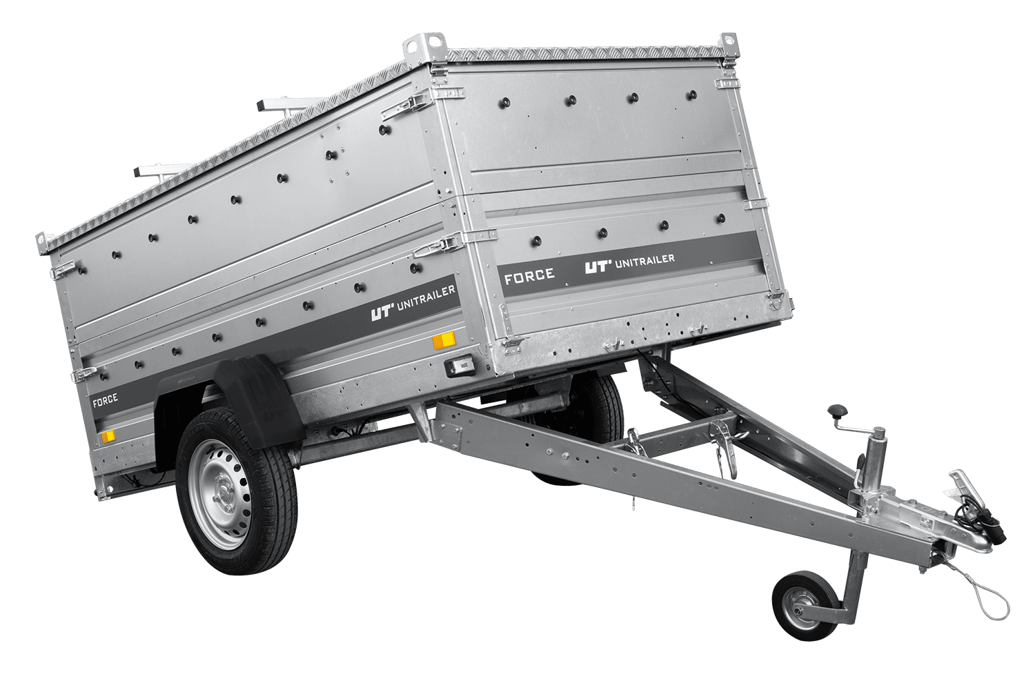 UNITRAILER Force 230 KIPP – PKW-Anhänger 230,9 × 126,1 cm – 750 kg – Einachser – mit geschweißtem Rahmen – Aluminiumhaube – Zusatzbordwände: zusätzliche Vollwand-Stahlbordwände – Ansicht 1