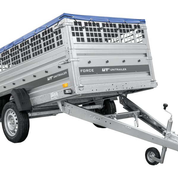 UNITRAILER Force 230 KIPP – PKW-Anhänger 230,9 × 126,1 cm – 750 kg – Einachser – mit geschweißtem Rahmen – flache blaue Plane – Zusatzbordwände: Stahlgitterbordwände – mit Flachplanenträger – Ansicht 1