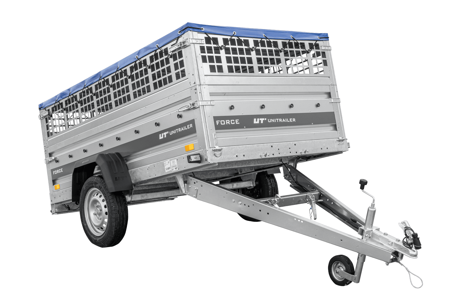 UNITRAILER Force 230 KIPP – PKW-Anhänger 230,9 × 126,1 cm – 750 kg – Einachser – mit geschweißtem Rahmen – flache blaue Plane – Zusatzbordwände: Stahlgitterbordwände – mit Flachplanenträger – Ansicht 1