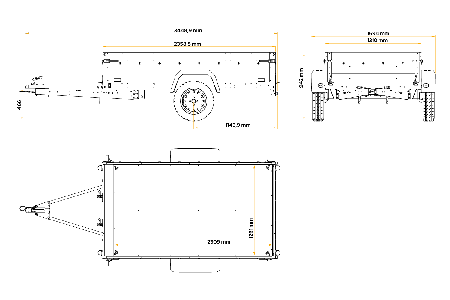 UNITRAILER Force 230 KIPP – PKW-Anhänger 230,9 × 126,1 cm – 750 kg – Einachser – mit geschweißtem Rahmen – flache blaue Plane – Zusatzbordwände: Stahlgitterbordwände – mit Flachplanenträger – Ansicht 2