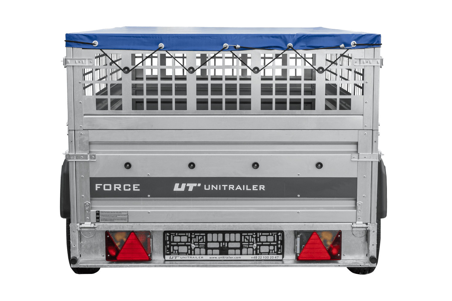 UNITRAILER Force 230 KIPP – PKW-Anhänger 230,9 × 126,1 cm – 750 kg – Einachser – mit geschweißtem Rahmen – flache blaue Plane – Zusatzbordwände: Stahlgitterbordwände – mit Flachplanenträger – Ansicht 3