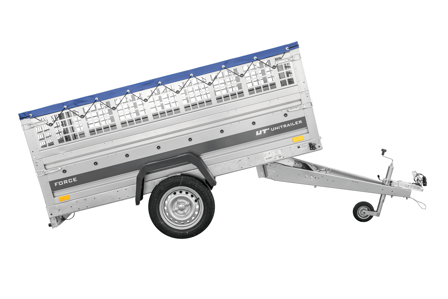 UNITRAILER Force 230 KIPP – PKW-Anhänger 230,9 × 126,1 cm – 750 kg – Einachser – mit geschweißtem Rahmen – flache blaue Plane – Zusatzbordwände: Stahlgitterbordwände – mit Flachplanenträger – Ansicht 4