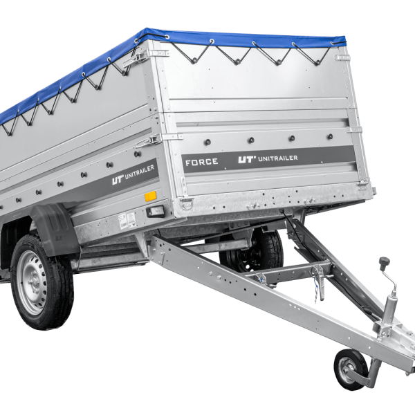 UNITRAILER Force 230 KIPP – PKW-Anhänger 230,9 × 126,1 cm – 750 kg – Einachser – mit geschweißtem Rahmen – flache blaue Plane – Zusatzbordwände: zusätzliche Vollwand-Stahlbordwände – mit Flachplanenträger – Ansicht 1