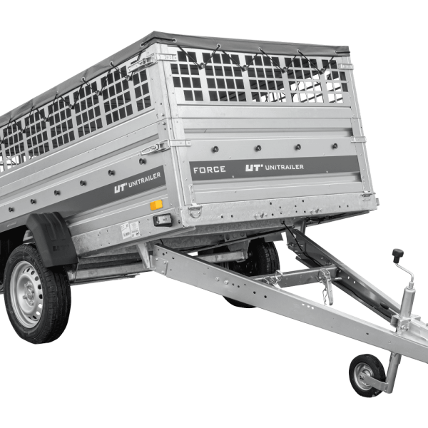 UNITRAILER Force 230 KIPP – PKW-Anhänger 230,9 × 126,1 cm – 750 kg – Einachser – mit geschweißtem Rahmen – flache graue Plane – Zusatzbordwände: Stahlgitterbordwände – mit Flachplanenträger – Ansicht 1