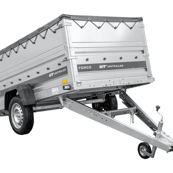 UNITRAILER Force 230 KIPP – PKW-Anhänger 230,9 × 126,1 cm – 750 kg – Einachser – mit geschweißtem Rahmen – flache graue Plane – Zusatzbordwände: zusätzliche Vollwand-Stahlbordwände – mit Flachplanenträger – Ansicht 1