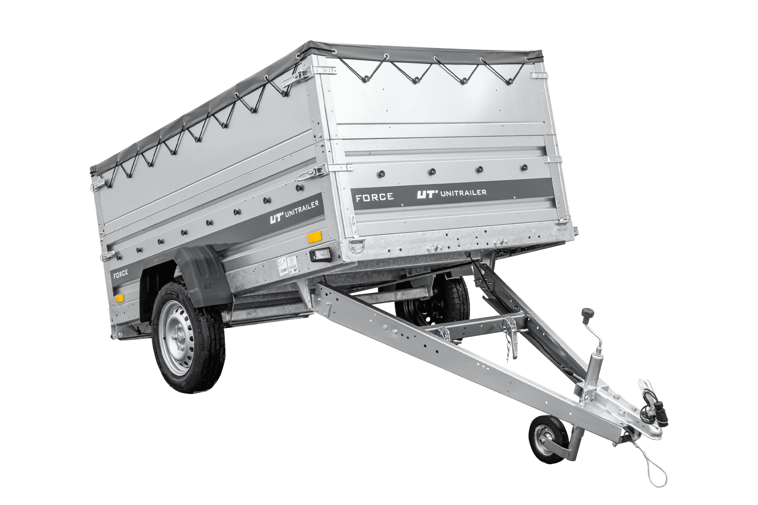 UNITRAILER Force 230 KIPP – PKW-Anhänger 230,9 × 126,1 cm – 750 kg – Einachser – mit geschweißtem Rahmen – flache graue Plane – Zusatzbordwände: zusätzliche Vollwand-Stahlbordwände – mit Flachplanenträger – Ansicht 1
