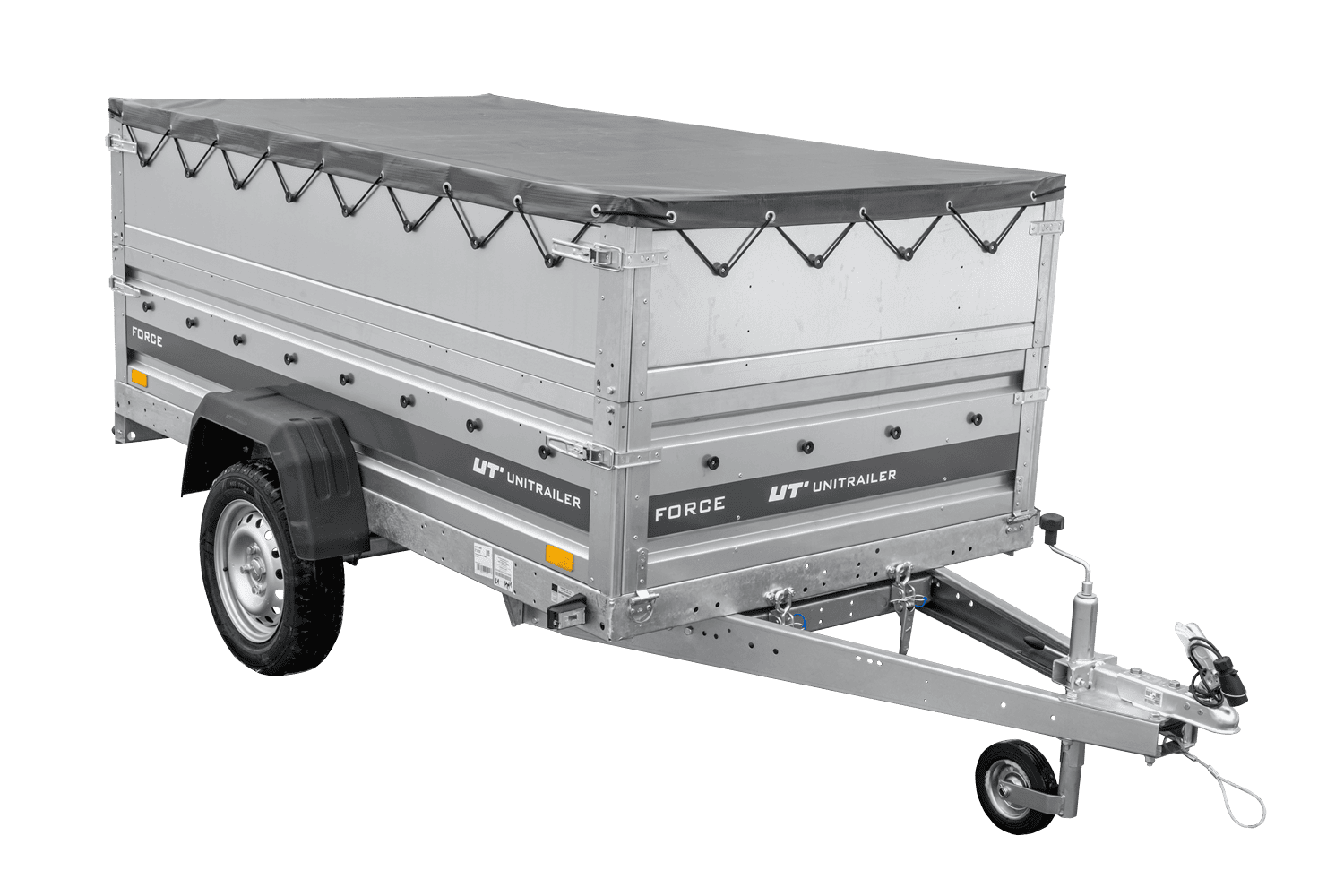 UNITRAILER Force 230 KIPP – PKW-Anhänger 230,9 × 126,1 cm – 750 kg – Einachser – mit geschweißtem Rahmen – flache graue Plane – Zusatzbordwände: zusätzliche Vollwand-Stahlbordwände – mit Flachplanenträger – Ansicht 3