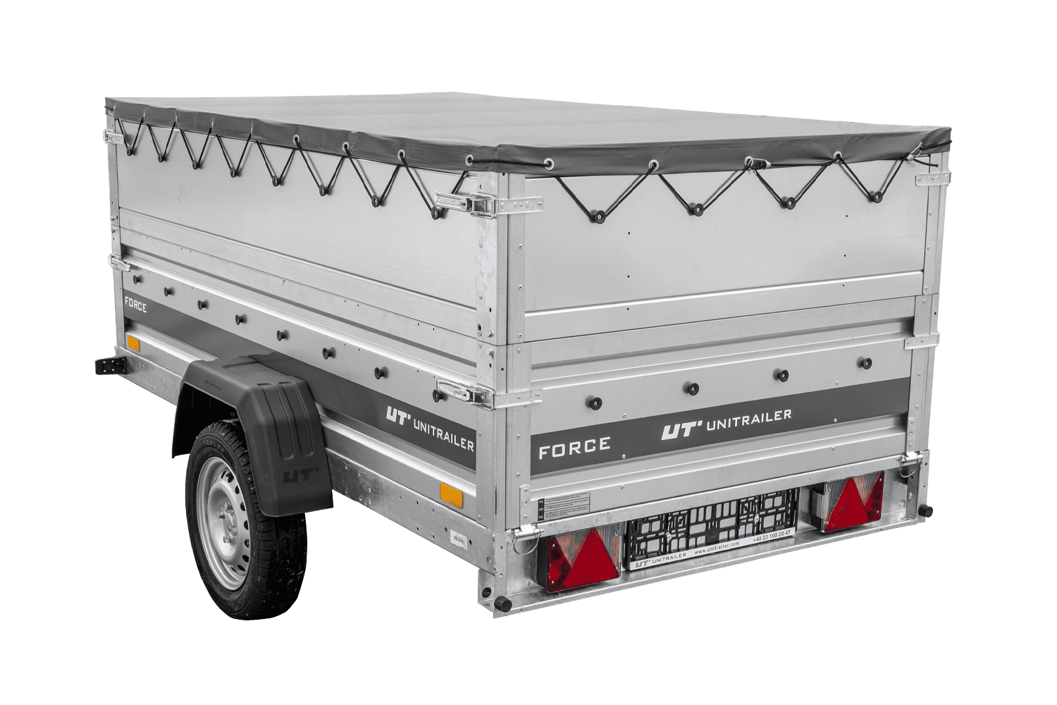 UNITRAILER Force 230 KIPP – PKW-Anhänger 230,9 × 126,1 cm – 750 kg – Einachser – mit geschweißtem Rahmen – flache graue Plane – Zusatzbordwände: zusätzliche Vollwand-Stahlbordwände – mit Flachplanenträger – Ansicht 4