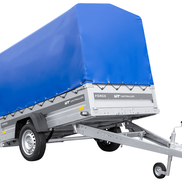 UNITRAILER Force 230/R KIPP – PKW-Anhänger 230,9 × 126,1 cm – 750 kg – Einachser – mit Blattfederung – mit geschweißtem Rahmen – 110 cm hohe blaue Plane – Ansicht 1