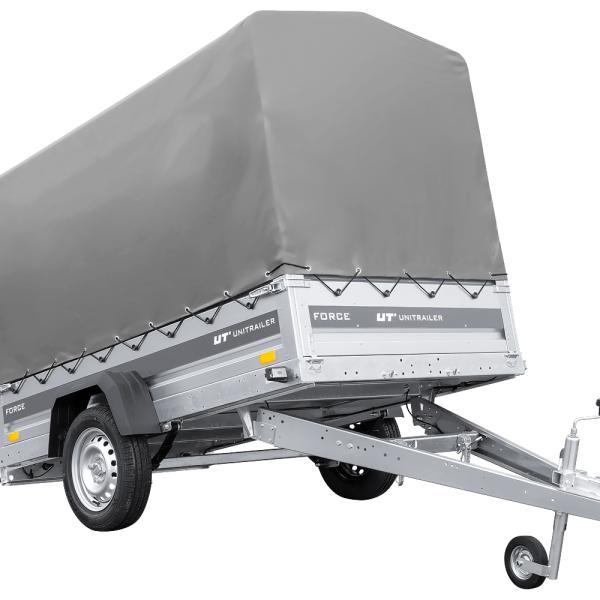 UNITRAILER Force 230/R KIPP – PKW-Anhänger 230,9 × 126,1 cm – 750 kg – Einachser – mit Blattfederung – mit geschweißtem Rahmen – 110 cm hohe graue Plane – Ansicht 1