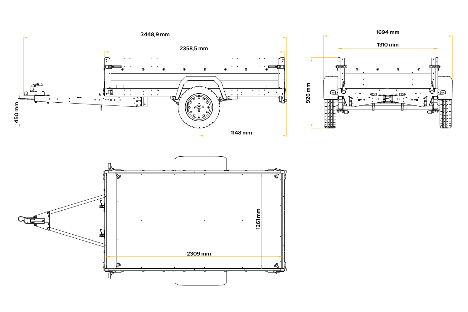 UNITRAILER Force 230/R KIPP – PKW-Anhänger 230,9 × 126,1 cm – 750 kg – Einachser – mit Blattfederung – mit geschweißtem Rahmen – Ansicht 2