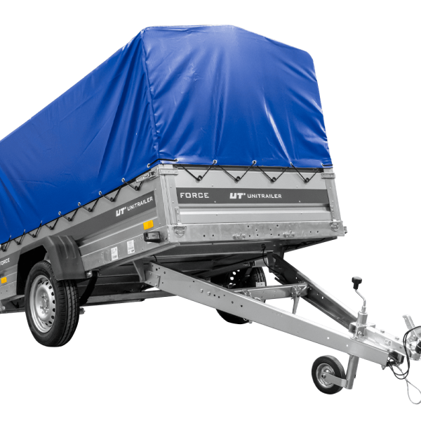UNITRAILER Force 230/R KIPP – PKW-Anhänger 230,9 × 126,1 cm – 750 kg – Einachser – mit Blattfederung – mit geschweißtem Rahmen – 80 cm hohe blaue Plane – Ansicht 1