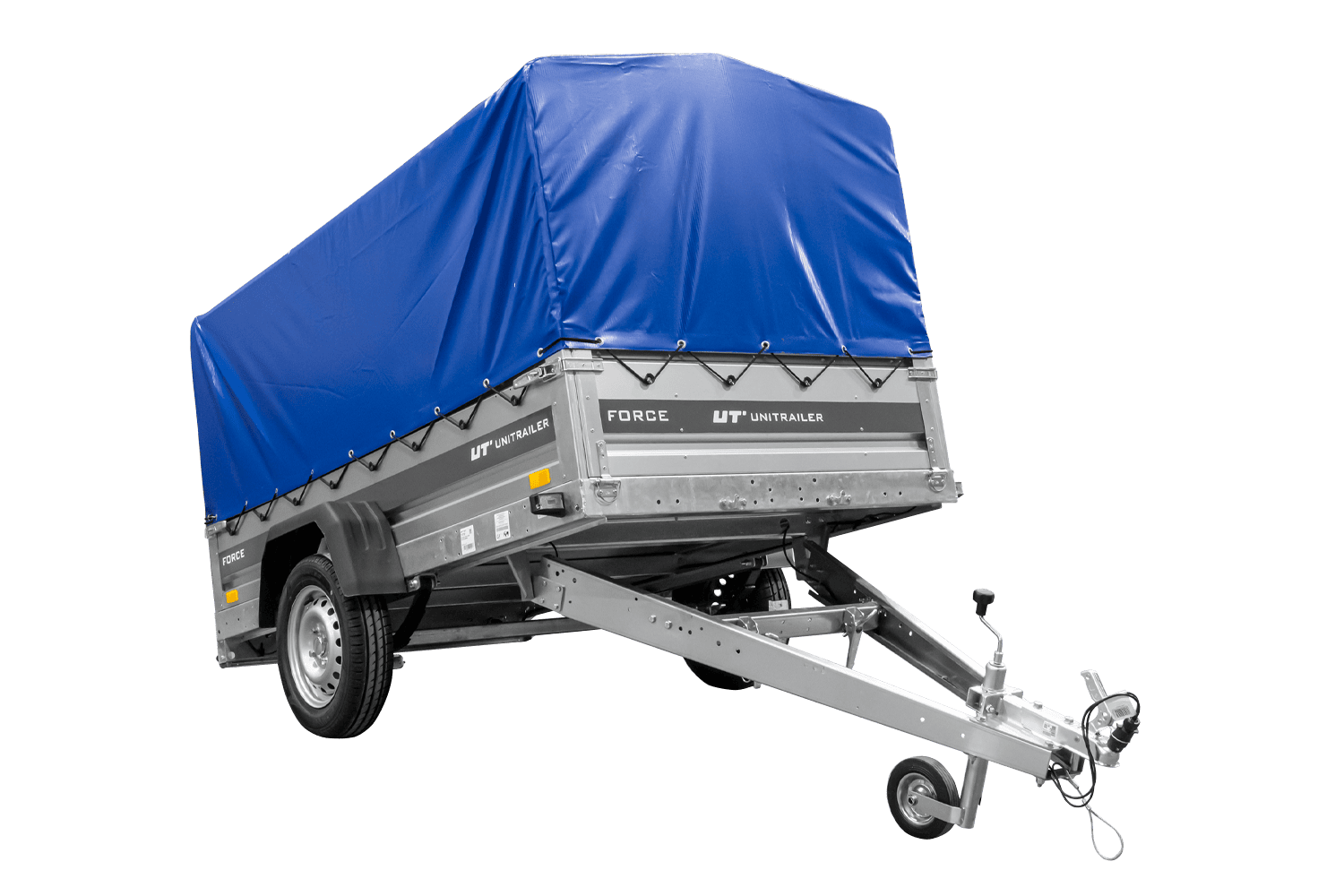 UNITRAILER Force 230/R KIPP – PKW-Anhänger 230,9 × 126,1 cm – 750 kg – Einachser – mit Blattfederung – mit geschweißtem Rahmen – 80 cm hohe blaue Plane – Ansicht 1