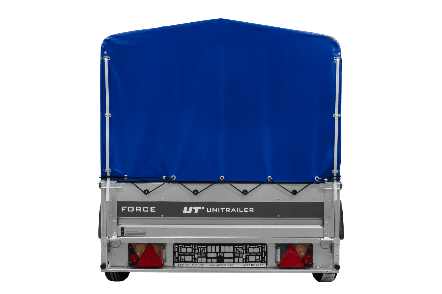 UNITRAILER Force 230/R KIPP – PKW-Anhänger 230,9 × 126,1 cm – 750 kg – Einachser – mit Blattfederung – mit geschweißtem Rahmen – 80 cm hohe blaue Plane – Ansicht 3