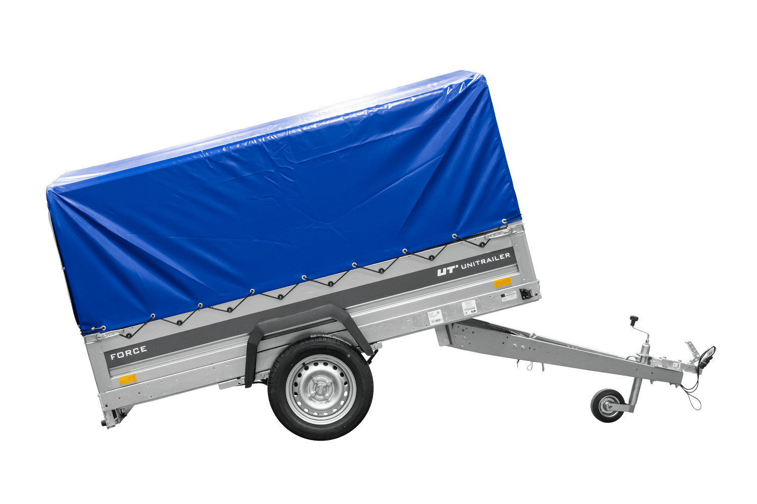 UNITRAILER Force 230/R KIPP – PKW-Anhänger 230,9 × 126,1 cm – 750 kg – Einachser – mit Blattfederung – mit geschweißtem Rahmen – 80 cm hohe blaue Plane – Ansicht 4