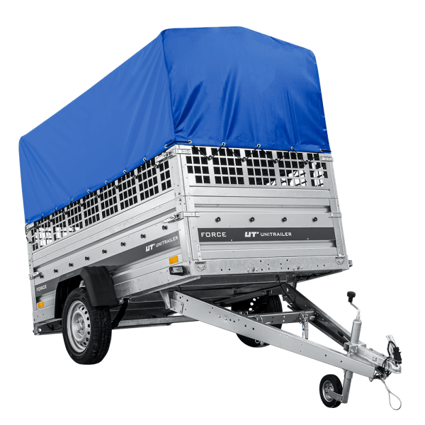 UNITRAILER Force 230/R KIPP – PKW-Anhänger 230,9 × 126,1 cm – 750 kg – Einachser – mit Blattfederung – mit geschweißtem Rahmen – 80 cm hohe blaue Plane – Zusatzbordwände: Stahlgitterbordwände – Ansicht 1