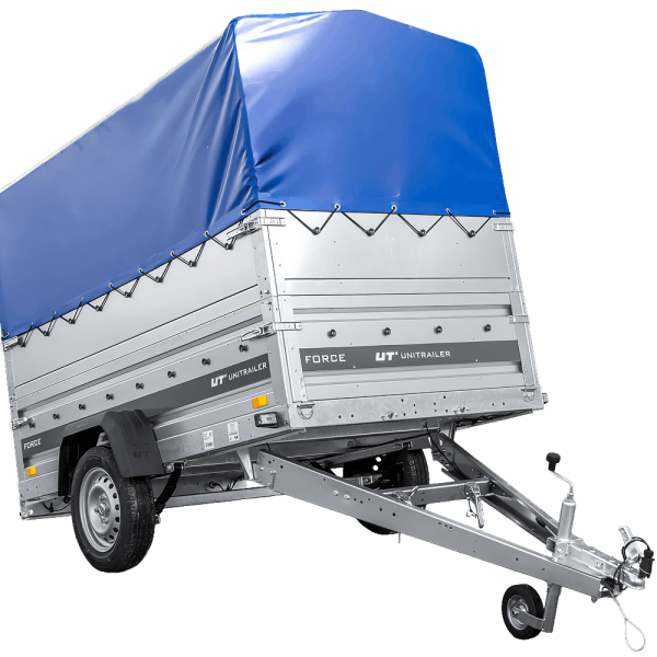 UNITRAILER Force 230/R KIPP – PKW-Anhänger 230,9 × 126,1 cm – 750 kg – Einachser – mit Blattfederung – mit geschweißtem Rahmen – 80 cm hohe blaue Plane – Zusatzbordwände: zusätzliche Vollwand-Stahlbordwände – Ansicht 1