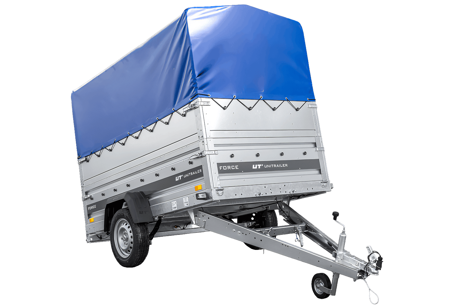 UNITRAILER Force 230/R KIPP – PKW-Anhänger 230,9 × 126,1 cm – 750 kg – Einachser – mit Blattfederung – mit geschweißtem Rahmen – 80 cm hohe blaue Plane – Zusatzbordwände: zusätzliche Vollwand-Stahlbordwände – Ansicht 1