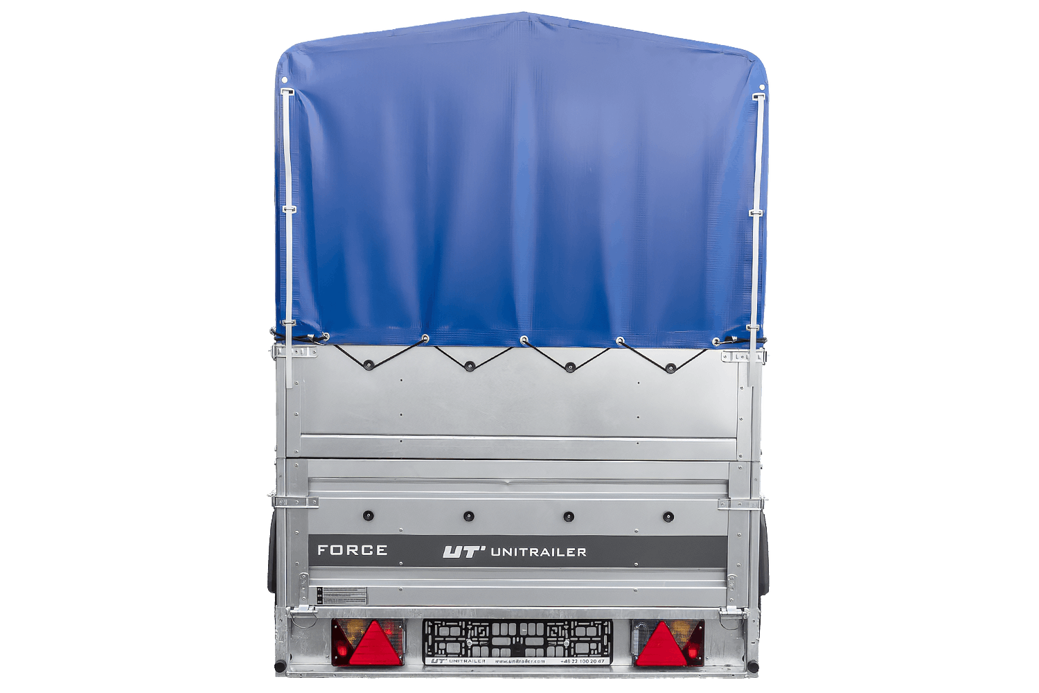 UNITRAILER Force 230/R KIPP – PKW-Anhänger 230,9 × 126,1 cm – 750 kg – Einachser – mit Blattfederung – mit geschweißtem Rahmen – 80 cm hohe blaue Plane – Zusatzbordwände: zusätzliche Vollwand-Stahlbordwände – Ansicht 3
