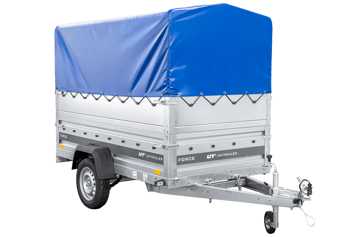 UNITRAILER Force 230/R KIPP – PKW-Anhänger 230,9 × 126,1 cm – 750 kg – Einachser – mit Blattfederung – mit geschweißtem Rahmen – 80 cm hohe blaue Plane – Zusatzbordwände: zusätzliche Vollwand-Stahlbordwände – Ansicht 4